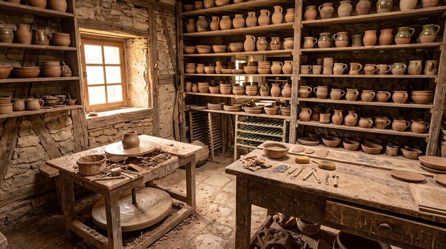 Artisan pottery workshop with terracotta vessels on wooden shelves, fresh clay on wheel, warm window light, no people