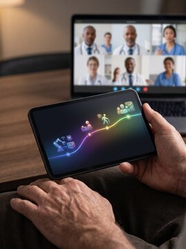 Close up of hands holding tablet with glowing neon wave data display, with group video call of diverse medical team visible on laptop screen in background, representing telehealth concept.