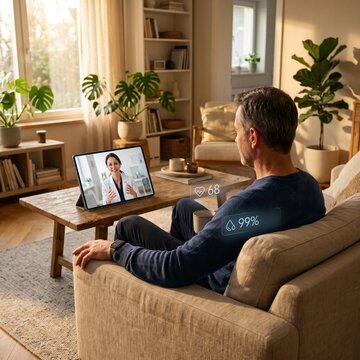 Mature man sitting on home sofa having telehealth video consultation with smiling female doctor on tablet, with floating digital health monitoring icons showing heart rate and lung data.