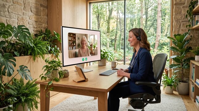 Professional woman in navy blazer conducting video therapy session on desktop computer monitor, taking notes in stylish green plant-filled home office with forest view through large window.