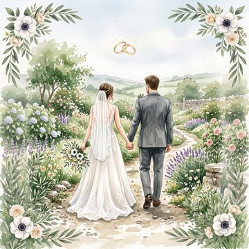 Romantic watercolor illustration of bride and groom walking hand in hand along garden path with bouquet, gold wedding rings floating above amid blooming floral border and hills.