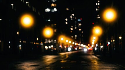 Fototapeta premium Blurred City Night Street with Glowing Lights and Wet Asphalt