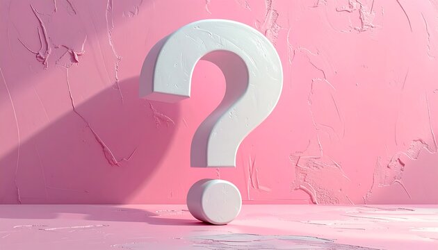 A large, white question mark casts a shadow on a textured, pink wall and surface, suggesting curiosity
