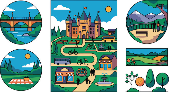 Travel tourism landscape and historic town map elements vector set featuring medieval castle park picnic grounds river bridge and mountain viewpoints