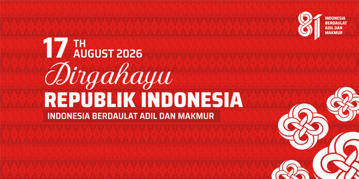 Beautiful 81st Dirgahayu Republik Indonesia Independence Day 2026 banner with red Kawung and Tumpal batik pattern for corporate and official greetings. Indonesia red batik background. 