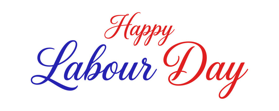Happy Labour Day vector typography design with elegant cursive script lettering and red blue colors for holiday greeting card banner