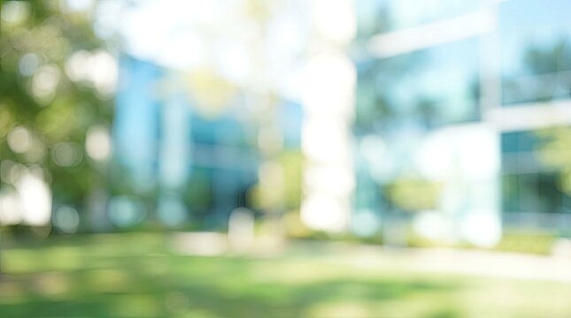 Blurred outdoor background of a modern office building with green lawn on a sunny day.