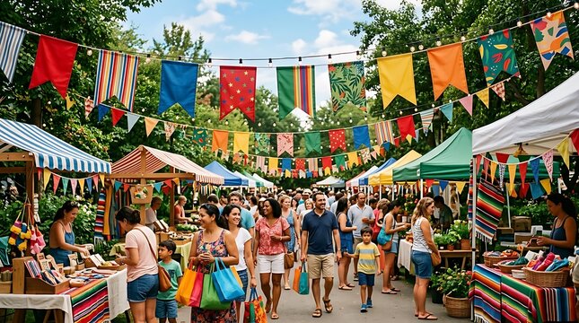 Diverse crowd shopping at a festive outdoor market under colorful flags