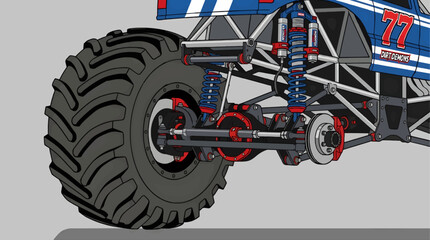 Flat Vector Illustration of Monster Truck Wheel, Suspension, and Chassis Detail, Blue and Red Racing Graphics with Number 77 and "Dirt Demons" Logo, Close-Up Mechanical View © mohammad