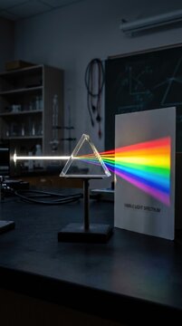 Glass prism refraction: optical beam, visible spectrum, rainbow color, scientific experiment, laboratory setup, classroom demonstration, physics education, light dispersion.