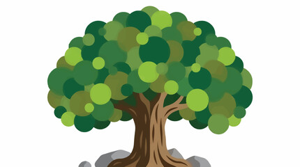 Stylized Flat Vector Oak Tree with Broad Rounded Canopy of Green Circles, Textured Brown Trunk, and Grey Rocks at Base, Symmetrical Composition on White Background © mohammad