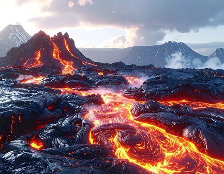 Fiery lava flows across dark volcanic landscape (8)