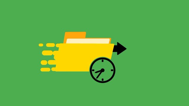 Fast data transfer icon featuring folder and clock symbols. Visual representation of rapid file transfer and efficient data management.