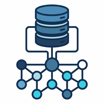 Illustration of a database server connected to a network of interconnected data nodes, representing data management and distributed systems.