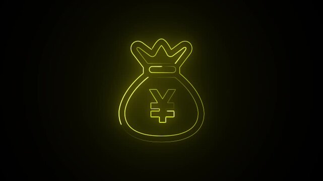 A neon glowing yen or yuan money bag icon motion graphic animation video on a dark background showing financial growth and success