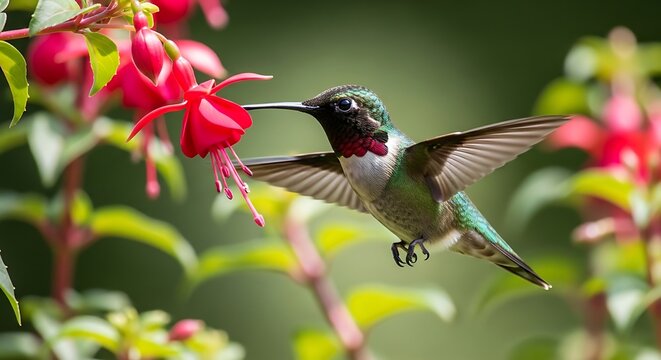 Vibrant Hummingbird Drinking Nectar from Bright Flowers in Nature Scene.