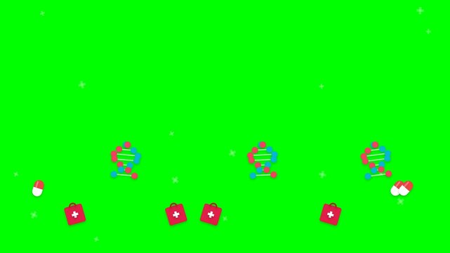 Flat vector medical animation of DNA molecules and crosses floating on green screen for compositing and science video production