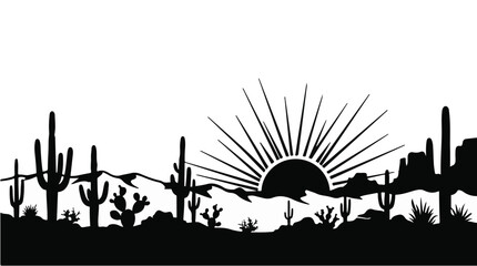 Obraz premium Desert landscape with cacti at sunset silhouette