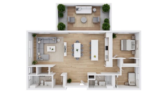 3d floor plan of a modern apartment with balcony and multiple rooms
