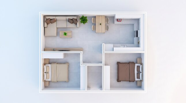 Top view of a modern apartment floor plan with furniture