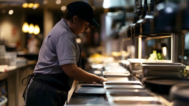 A person wearing a cap and apron is preparing food at a stainless steel counter under warm lighting