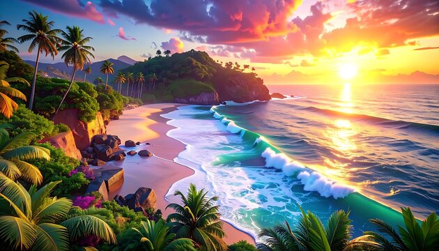 Tropical paradise beach at sunset with palm trees (2)