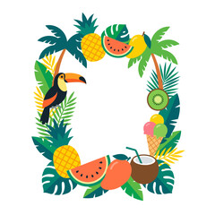 Obraz premium A colorful tropical frame with summer fruits and a toucan