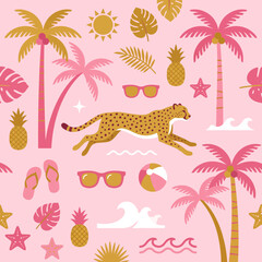 Seamless tropical pattern with running cheetah and palm trees © ahmad