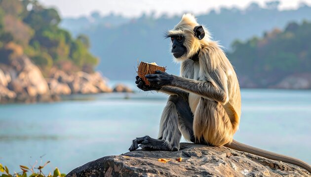 A langur monkey sits on a rock by a tranquil body of water, clutching a coconut. Rolling hills are in the background