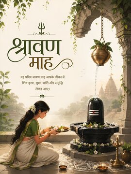 Hindu woman praying and offering flowers to shiva linga during holy shravan month