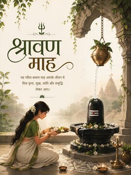 Woman performing traditional ritual offering water to shiva linga in a temple