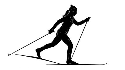 Naklejka premium Female cross country skier silhouette, woman skiing with poles vector illustration isolated on white background
