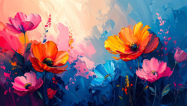 Textured impressionist painting of vibrant poppies and wildflowers, textured brushstrokes, colorful floral meadow
