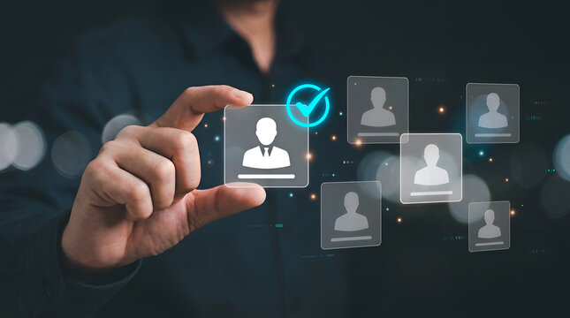 HR Manager Selecting Best Candidate for Recruitment and Talent Acquisition on Virtual Screen Interface