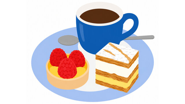 Coffee cup with raspberry tart and mille-feuille pastry on a blue plate, with transparent background