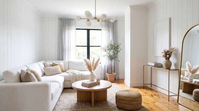 Bright living room interior with white sofa and gold arched mirror