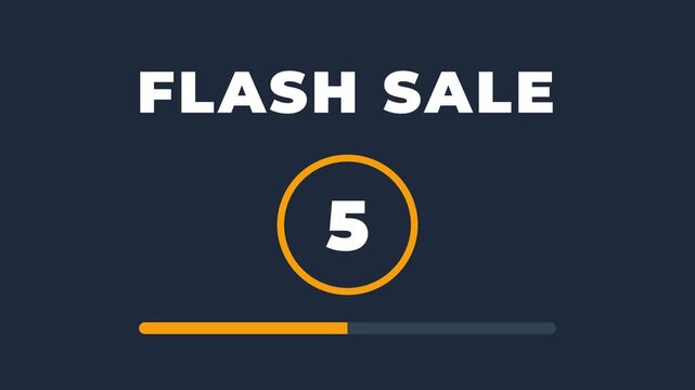 Flash sale countdown timer, dynamic numbers decreasing from 10 to 0, orange circle and progress bar on dark blue background, symbolizing urgency, representing limited time offer