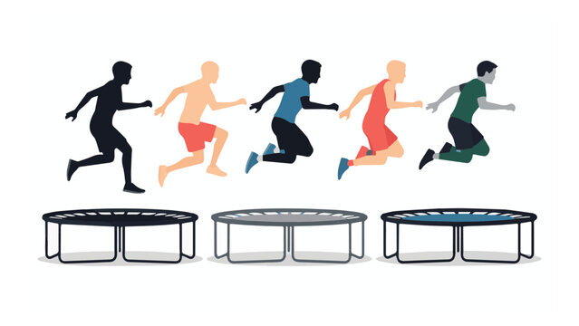Young athletes jumping on trampolines in sequence representing sports fitness activity and outdoor recreation
