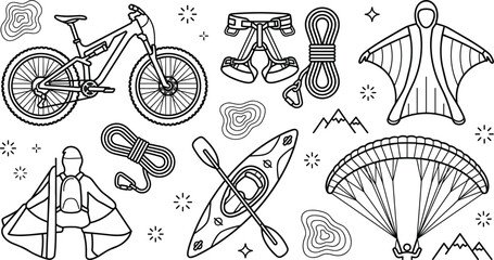Extreme sport vector icon set with bike kayak paraglider wingsuit climbing rope harness line art elements © Md