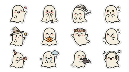 Fototapeta premium Cute ghost sticker icon set, premium black outline, isolated on white background.