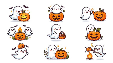 Fototapeta premium Ghost and pumpkin icon set, cute ghosts interacting with jack-o'-lanterns, premium vector illustration, white background.