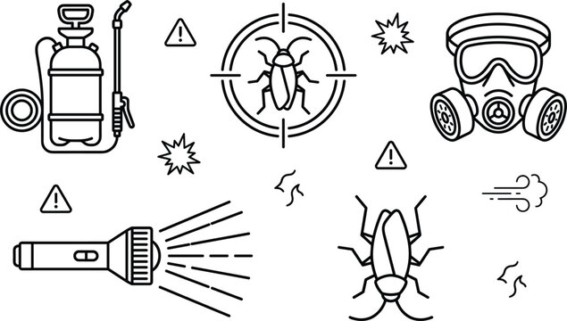 Pest control vector icon set with cockroach sprayer mask flashlight exterminator service line art graphic design elements