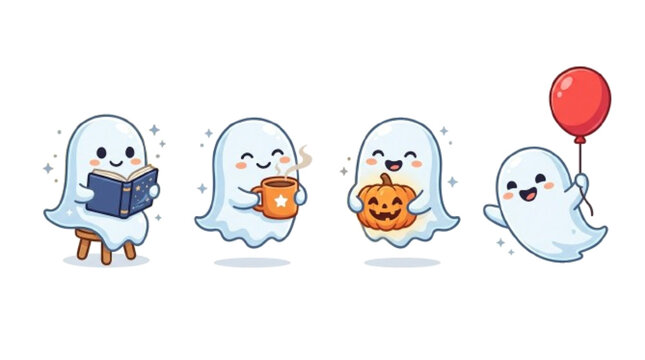 Friendly ghost activity icon set, reading book, drinking coffee, holding pumpkin, flying with balloon, white background.

