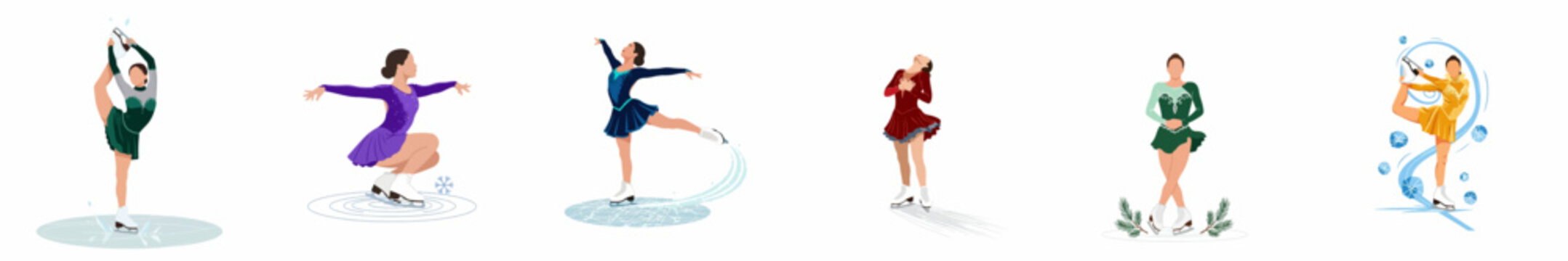 Set of six flat vector illustrations of female figure skaters performing various professional poses and spins on ice, isolated on white background.