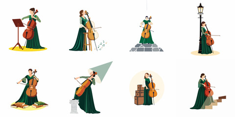 Set of vector illustrations featuring a woman in an elegant green dress playing the cello in various artistic and musical scenarios. © Maya