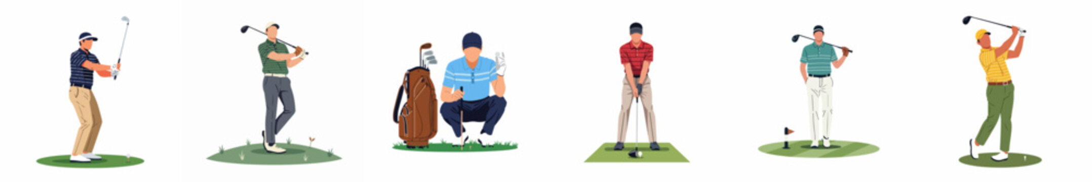 Set of flat vector illustrations of male golfers in different poses, playing golf, swinging clubs, and preparing for a shot on the course.