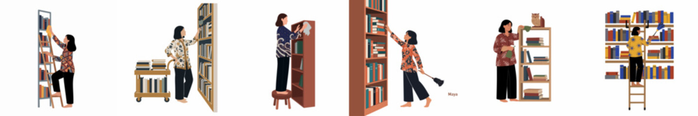 Flat vector illustration set of women cleaning, dusting, and organizing bookshelves in a library or home office environment. © Maya