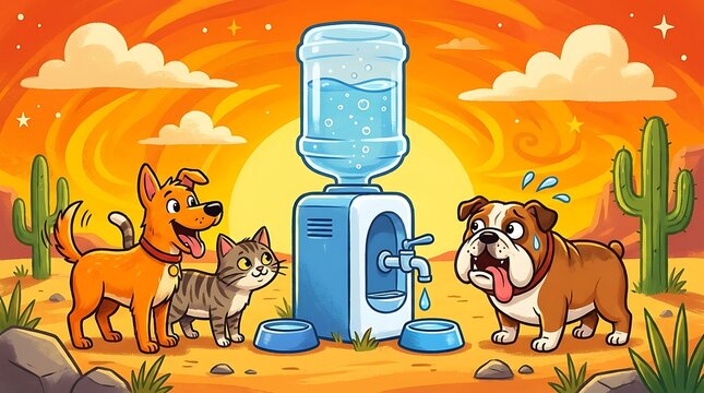 Illustration of dogs and a cat drinking water from a cooler in a hot desert