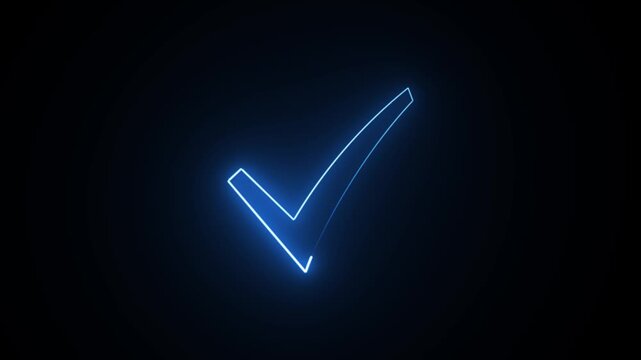 Neon blue check mark animation glowing on black background with light streak motion