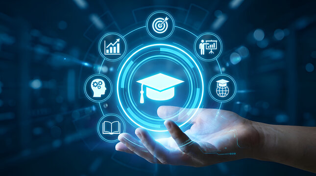 Futuristic E-learning Concept with Digital Education Hologram and Graduation Cap Floating Above Human Hand